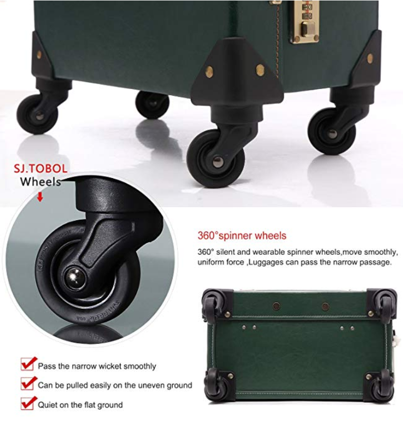 Unitravel Vintage Suitcase Retro PU Trunk Rolling Spinner Lightweight